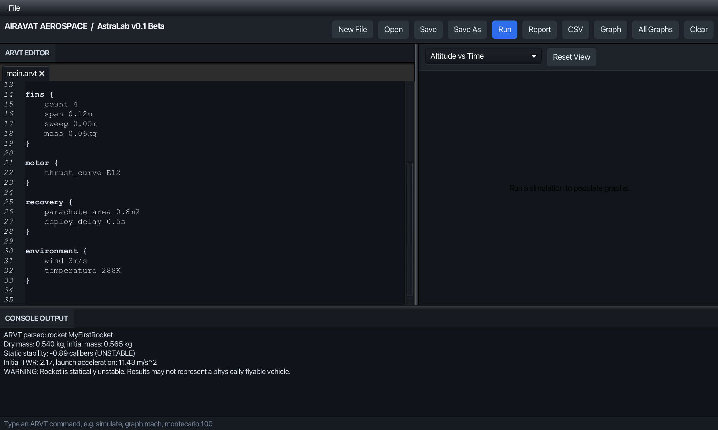 AstraLab desktop interface with ARVT editor, graph panel, and console warnings.